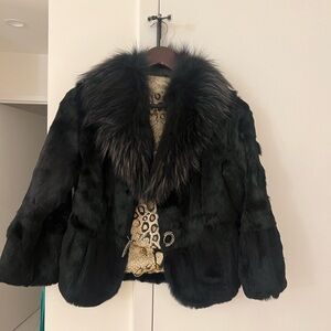 Luxurious Black Real Fox & Rabbit Fur Coat / Teddy Jacket XS-S Mafia vibe!
